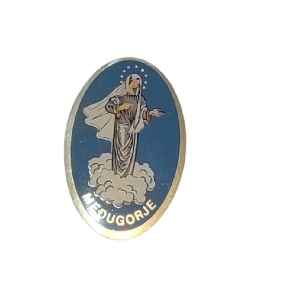 Religious vintage silvered Catholic brooch of Holy Virgin Mary of Medugorje 20's